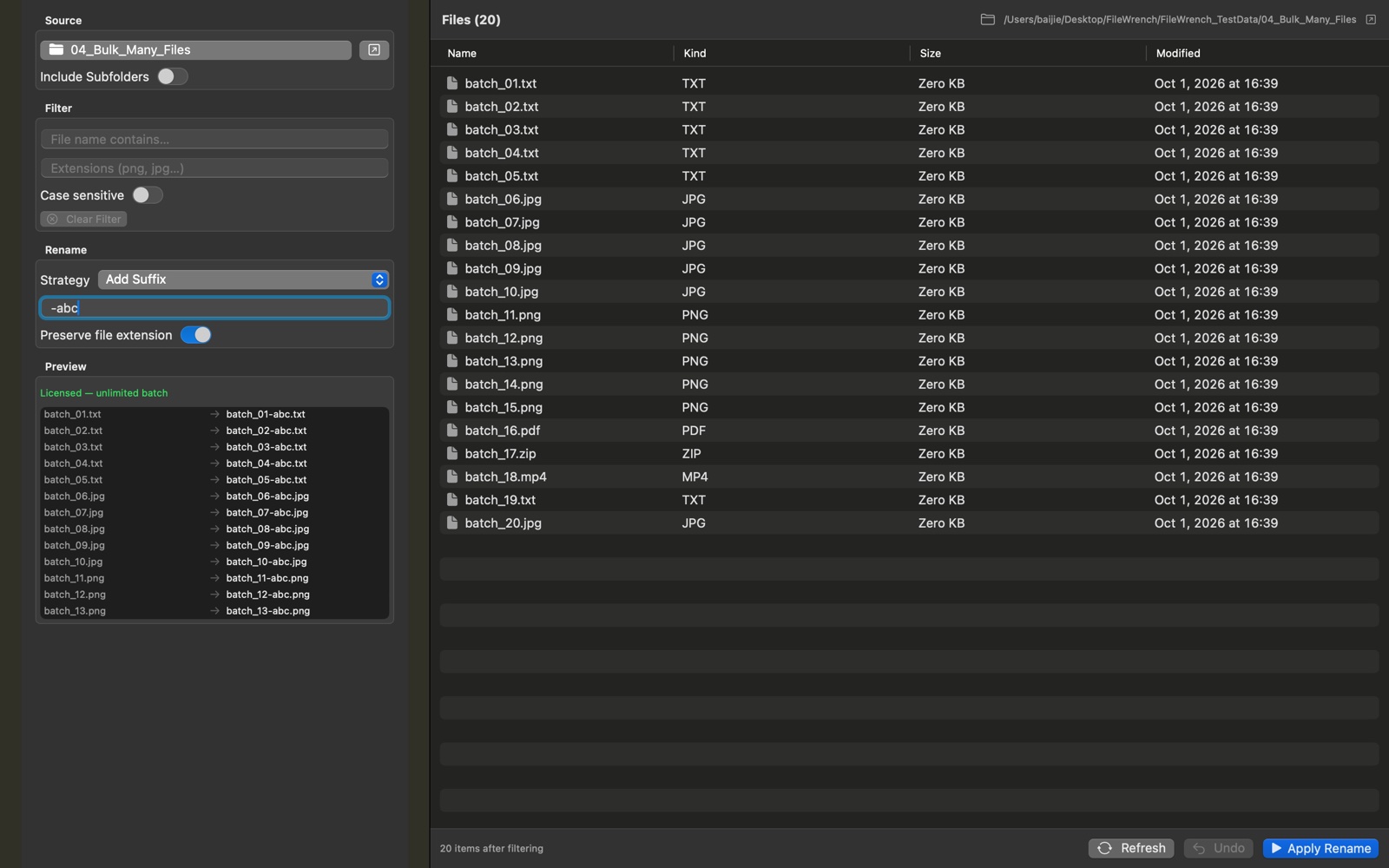 Renamely batch renaming 20 files at once with Add Suffix and a live preview of every new name