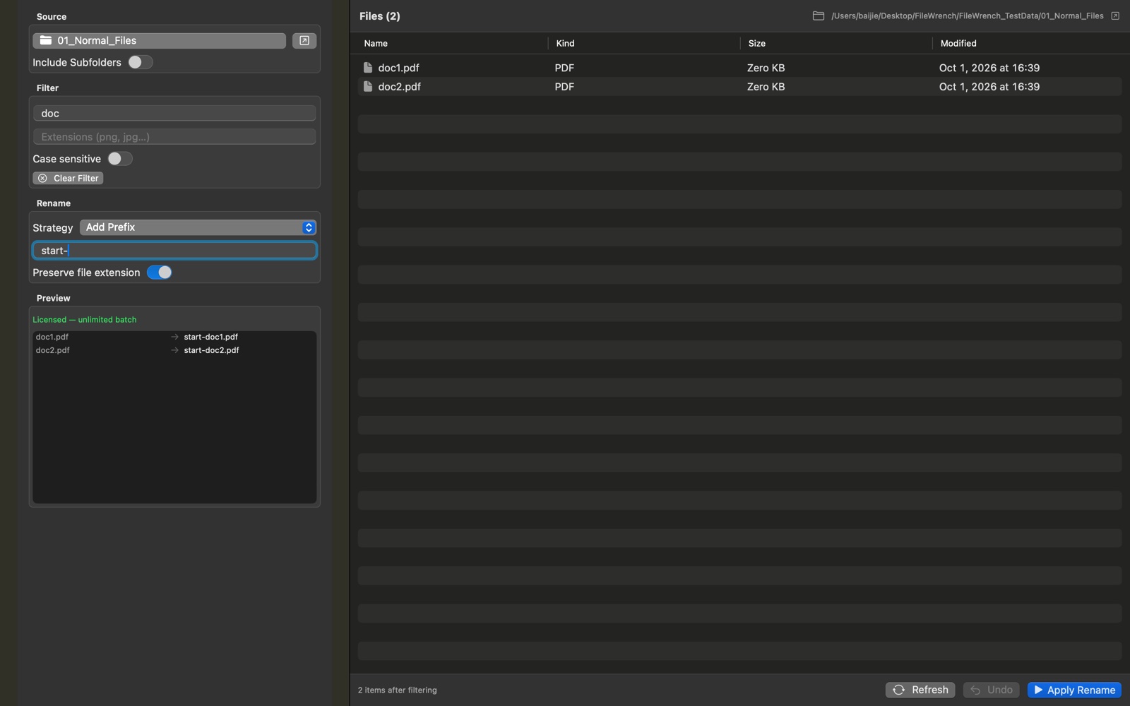 Filtering the file list by name text before applying an Add Prefix rule, showing only the two matching files